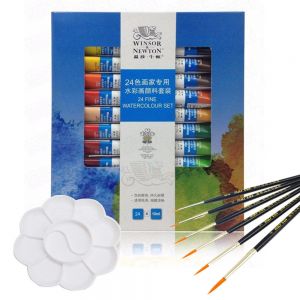 | SB Art | מגוון מוצרי אומנות איכותיים צבעים 24 Colors Winsor & Newton Transparent Watercolor Paint with Palette Paint Brush